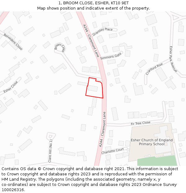 1, BROOM CLOSE, ESHER, KT10 9ET: Location map and indicative extent of plot