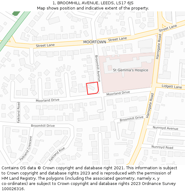 1, BROOMHILL AVENUE, LEEDS, LS17 6JS: Location map and indicative extent of plot