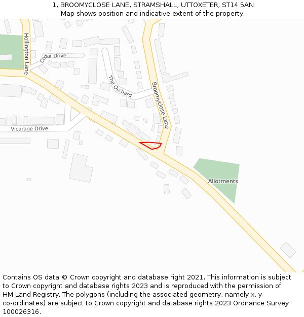 1, BROOMYCLOSE LANE, STRAMSHALL, UTTOXETER, ST14 5AN: Location map and indicative extent of plot