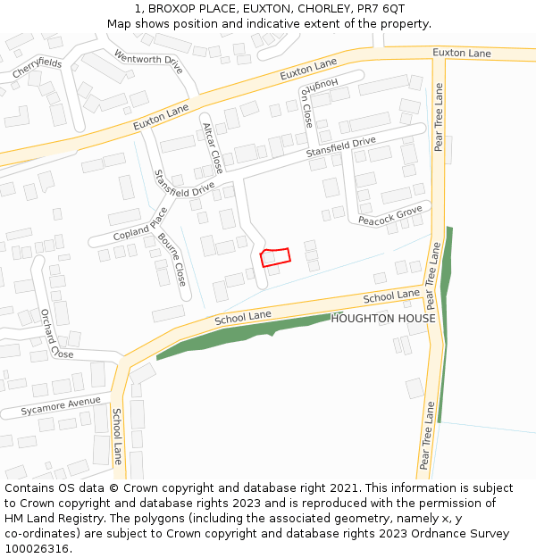 1, BROXOP PLACE, EUXTON, CHORLEY, PR7 6QT: Location map and indicative extent of plot