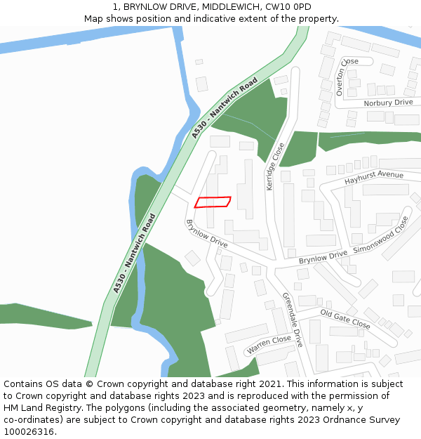 1, BRYNLOW DRIVE, MIDDLEWICH, CW10 0PD: Location map and indicative extent of plot