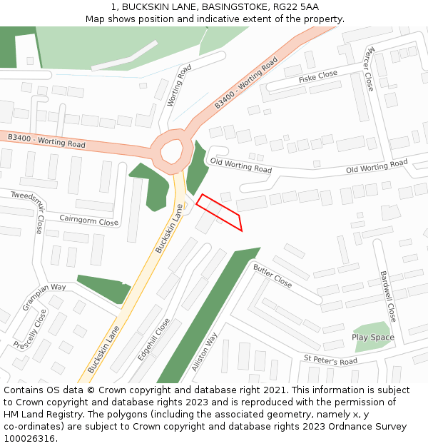 1, BUCKSKIN LANE, BASINGSTOKE, RG22 5AA: Location map and indicative extent of plot