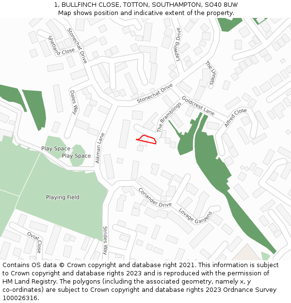 1, BULLFINCH CLOSE, TOTTON, SOUTHAMPTON, SO40 8UW: Location map and indicative extent of plot