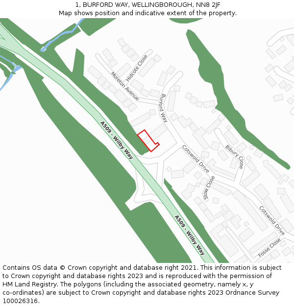 1, BURFORD WAY, WELLINGBOROUGH, NN8 2JF: Location map and indicative extent of plot