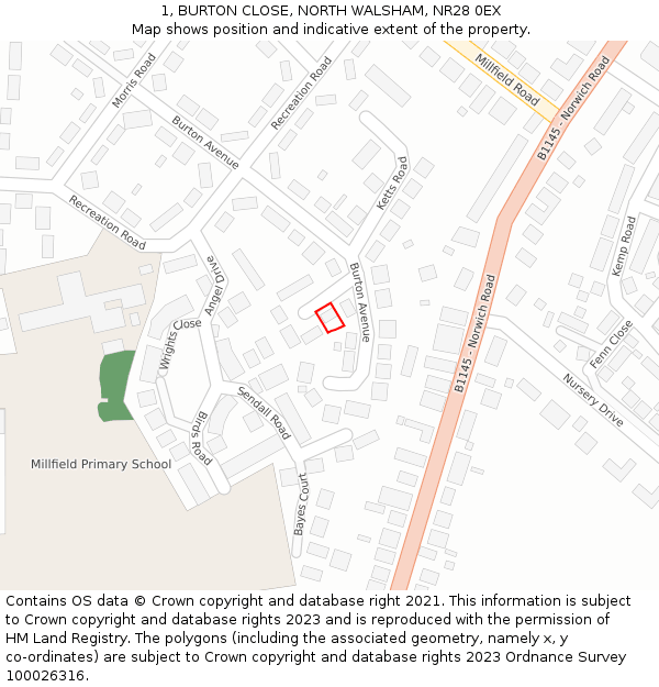 1, BURTON CLOSE, NORTH WALSHAM, NR28 0EX: Location map and indicative extent of plot