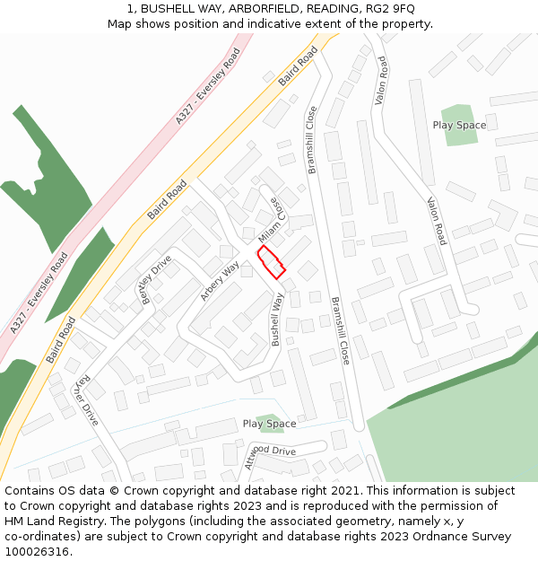 1, BUSHELL WAY, ARBORFIELD, READING, RG2 9FQ: Location map and indicative extent of plot