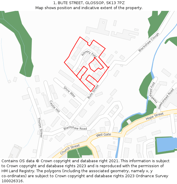 1, BUTE STREET, GLOSSOP, SK13 7PZ: Location map and indicative extent of plot