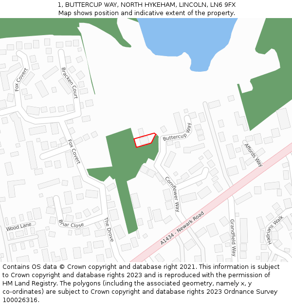 1, BUTTERCUP WAY, NORTH HYKEHAM, LINCOLN, LN6 9FX: Location map and indicative extent of plot