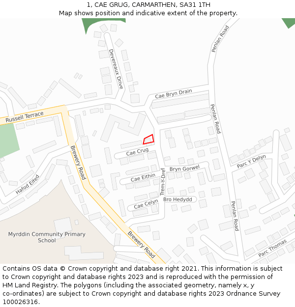 1, CAE GRUG, CARMARTHEN, SA31 1TH: Location map and indicative extent of plot