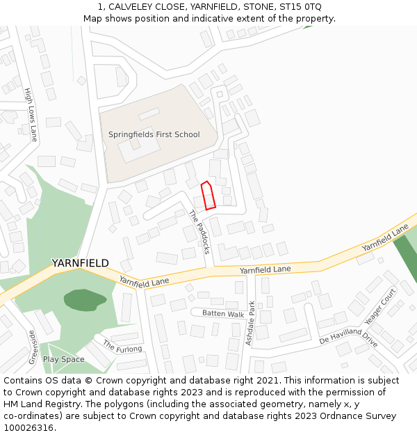 1, CALVELEY CLOSE, YARNFIELD, STONE, ST15 0TQ: Location map and indicative extent of plot