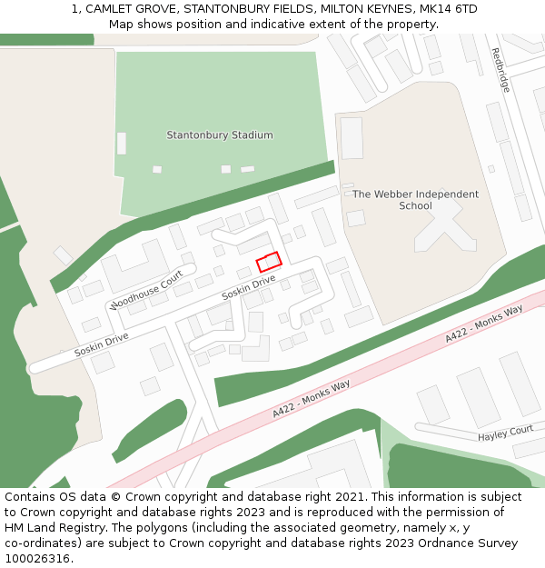 1, CAMLET GROVE, STANTONBURY FIELDS, MILTON KEYNES, MK14 6TD: Location map and indicative extent of plot