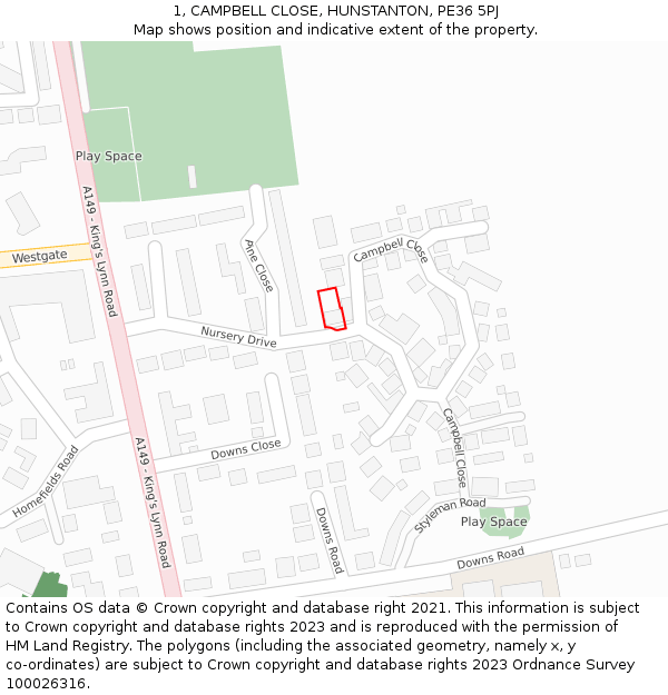 1, CAMPBELL CLOSE, HUNSTANTON, PE36 5PJ: Location map and indicative extent of plot