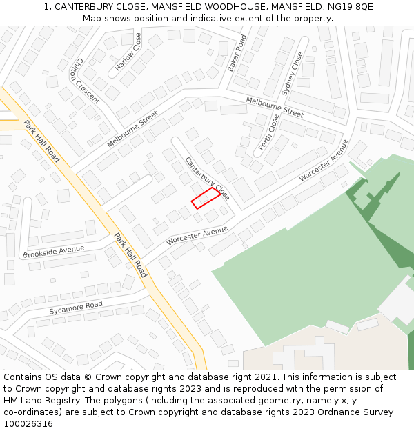 1, CANTERBURY CLOSE, MANSFIELD WOODHOUSE, MANSFIELD, NG19 8QE: Location map and indicative extent of plot