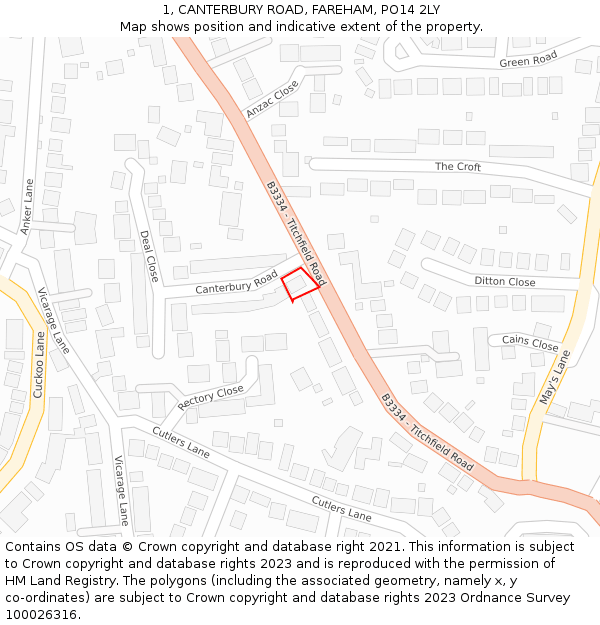 1, CANTERBURY ROAD, FAREHAM, PO14 2LY: Location map and indicative extent of plot