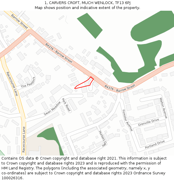 1, CARVERS CROFT, MUCH WENLOCK, TF13 6PJ: Location map and indicative extent of plot