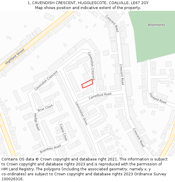 1, CAVENDISH CRESCENT, HUGGLESCOTE, COALVILLE, LE67 2GY: Location map and indicative extent of plot