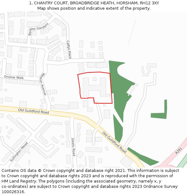 1, CHANTRY COURT, BROADBRIDGE HEATH, HORSHAM, RH12 3XY: Location map and indicative extent of plot