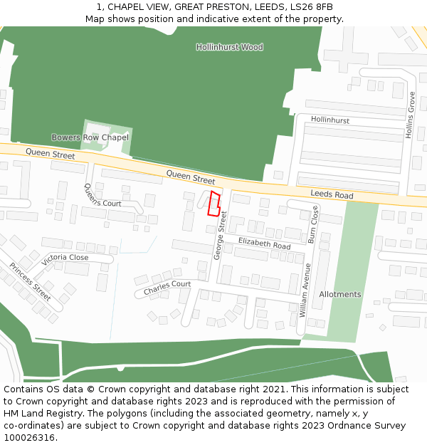 1, CHAPEL VIEW, GREAT PRESTON, LEEDS, LS26 8FB: Location map and indicative extent of plot