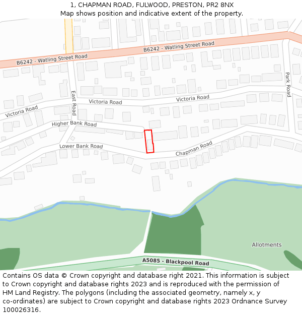 1, CHAPMAN ROAD, FULWOOD, PRESTON, PR2 8NX: Location map and indicative extent of plot