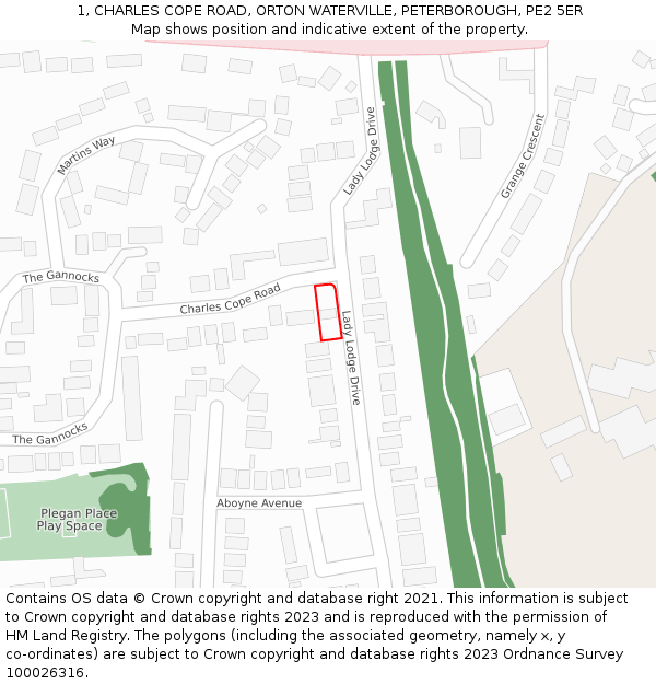 1, CHARLES COPE ROAD, ORTON WATERVILLE, PETERBOROUGH, PE2 5ER: Location map and indicative extent of plot