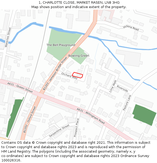 1, CHARLOTTE CLOSE, MARKET RASEN, LN8 3HG: Location map and indicative extent of plot