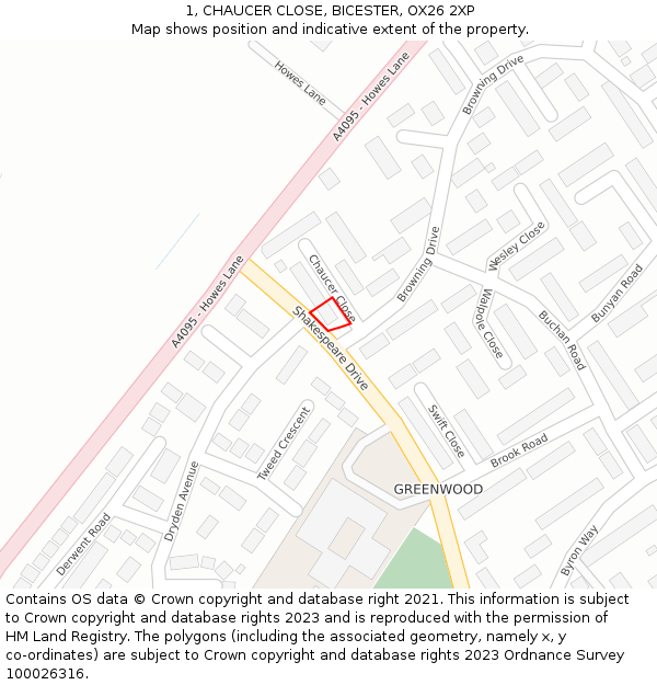 1, CHAUCER CLOSE, BICESTER, OX26 2XP: Location map and indicative extent of plot