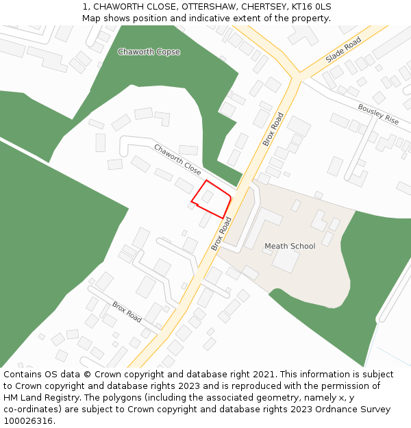 1, CHAWORTH CLOSE, OTTERSHAW, CHERTSEY, KT16 0LS: Location map and indicative extent of plot