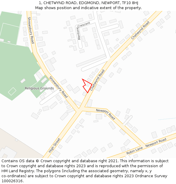 1, CHETWYND ROAD, EDGMOND, NEWPORT, TF10 8HJ: Location map and indicative extent of plot