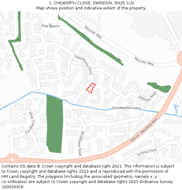 1, CHILWORTH CLOSE, SWINDON, SN25 1UX: Location map and indicative extent of plot