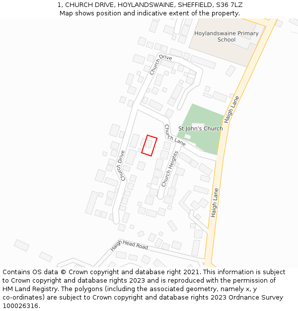 1, CHURCH DRIVE, HOYLANDSWAINE, SHEFFIELD, S36 7LZ: Location map and indicative extent of plot