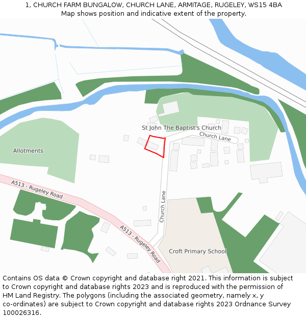 1, CHURCH FARM BUNGALOW, CHURCH LANE, ARMITAGE, RUGELEY, WS15 4BA: Location map and indicative extent of plot