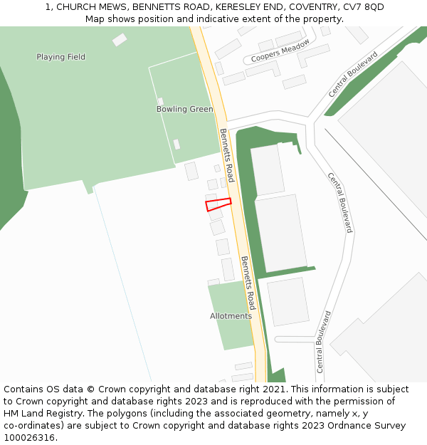 1, CHURCH MEWS, BENNETTS ROAD, KERESLEY END, COVENTRY, CV7 8QD: Location map and indicative extent of plot