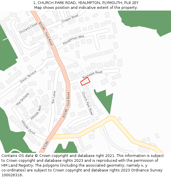 1, CHURCH PARK ROAD, YEALMPTON, PLYMOUTH, PL8 2EY: Location map and indicative extent of plot