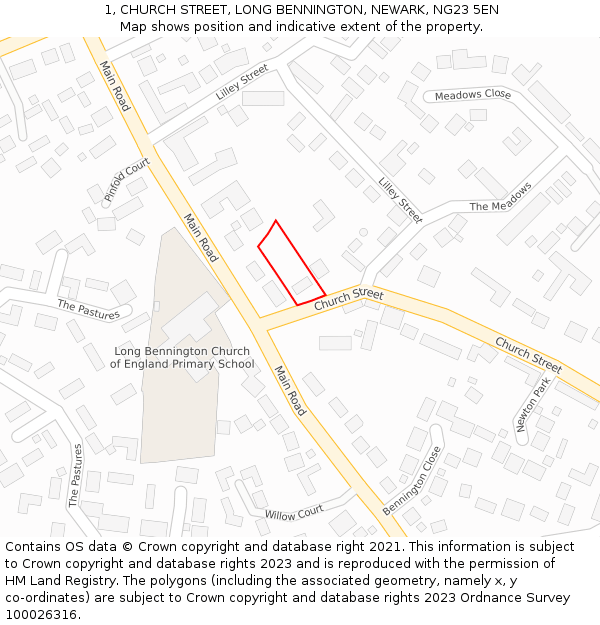 1, CHURCH STREET, LONG BENNINGTON, NEWARK, NG23 5EN: Location map and indicative extent of plot