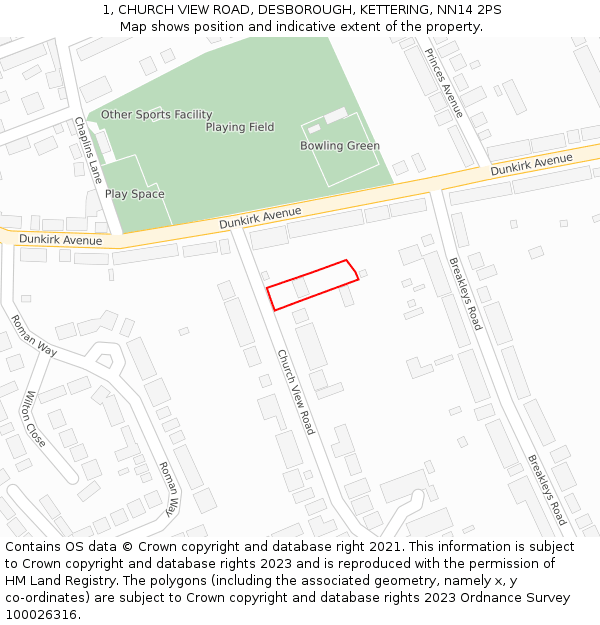 1, CHURCH VIEW ROAD, DESBOROUGH, KETTERING, NN14 2PS: Location map and indicative extent of plot