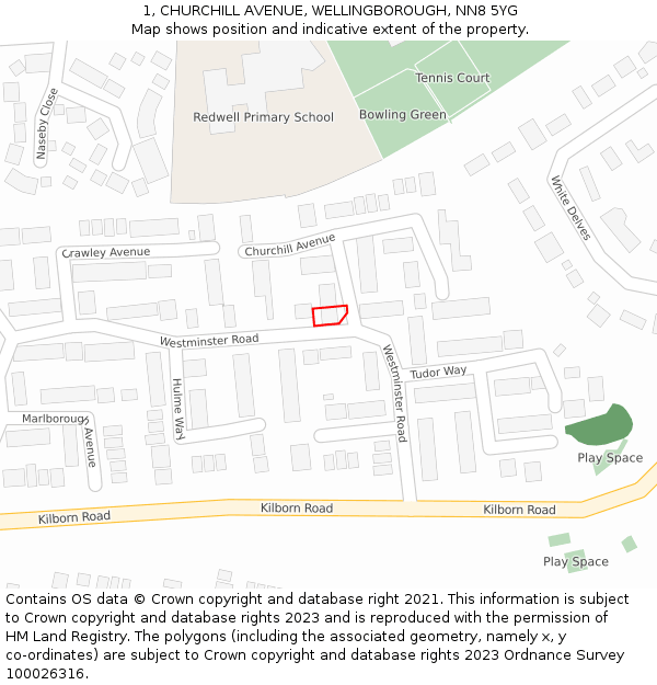 1, CHURCHILL AVENUE, WELLINGBOROUGH, NN8 5YG: Location map and indicative extent of plot