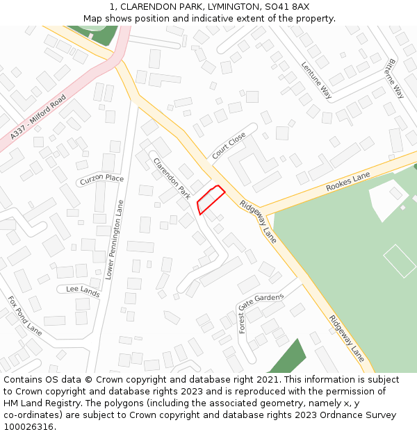 1, CLARENDON PARK, LYMINGTON, SO41 8AX: Location map and indicative extent of plot