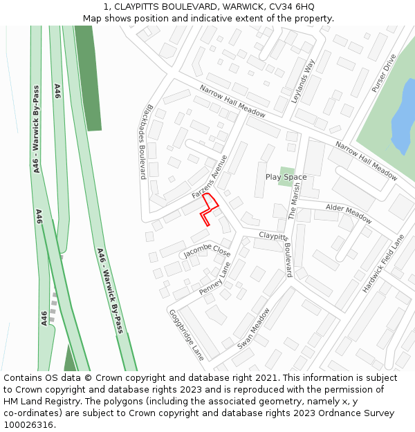 1, CLAYPITTS BOULEVARD, WARWICK, CV34 6HQ: Location map and indicative extent of plot