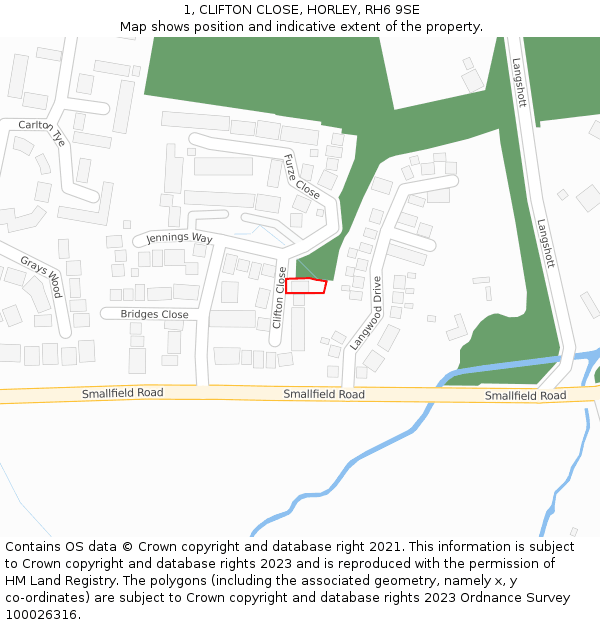 1, CLIFTON CLOSE, HORLEY, RH6 9SE: Location map and indicative extent of plot