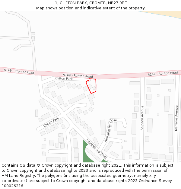 1, CLIFTON PARK, CROMER, NR27 9BE: Location map and indicative extent of plot