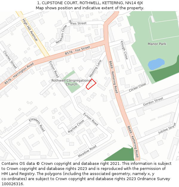 1, CLIPSTONE COURT, ROTHWELL, KETTERING, NN14 6JX: Location map and indicative extent of plot