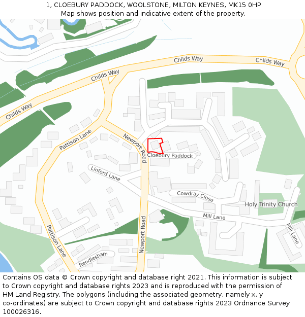 1, CLOEBURY PADDOCK, WOOLSTONE, MILTON KEYNES, MK15 0HP: Location map and indicative extent of plot