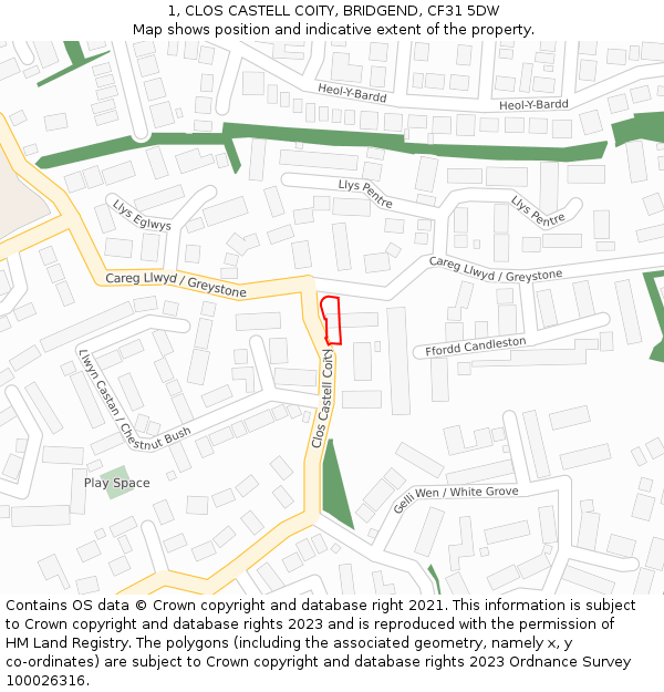 1, CLOS CASTELL COITY, BRIDGEND, CF31 5DW: Location map and indicative extent of plot