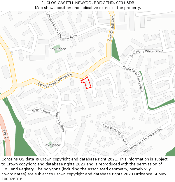 1, CLOS CASTELL NEWYDD, BRIDGEND, CF31 5DR: Location map and indicative extent of plot