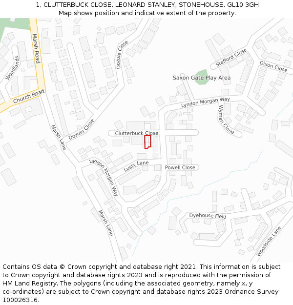 1, CLUTTERBUCK CLOSE, LEONARD STANLEY, STONEHOUSE, GL10 3GH: Location map and indicative extent of plot