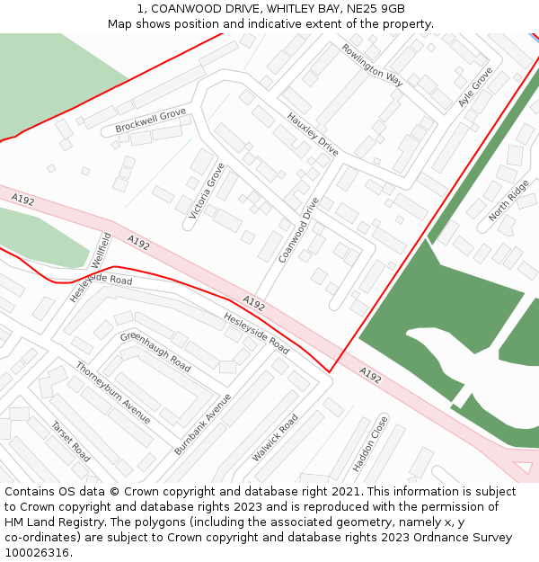 1, COANWOOD DRIVE, WHITLEY BAY, NE25 9GB: Location map and indicative extent of plot