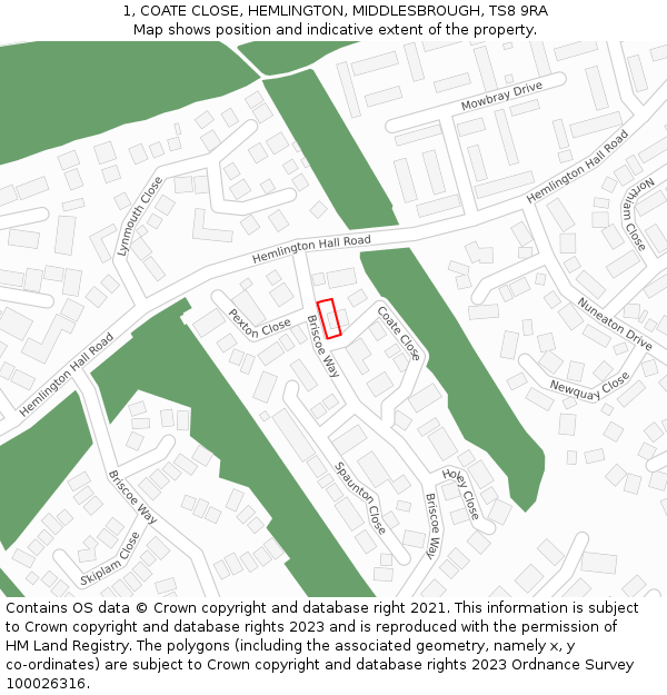 1, COATE CLOSE, HEMLINGTON, MIDDLESBROUGH, TS8 9RA: Location map and indicative extent of plot