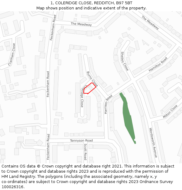 1, COLERIDGE CLOSE, REDDITCH, B97 5BT: Location map and indicative extent of plot