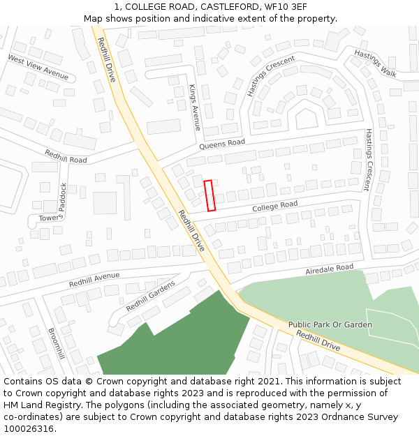 1, COLLEGE ROAD, CASTLEFORD, WF10 3EF: Location map and indicative extent of plot