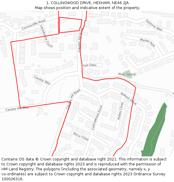 1, COLLINGWOOD DRIVE, HEXHAM, NE46 2JA: Location map and indicative extent of plot